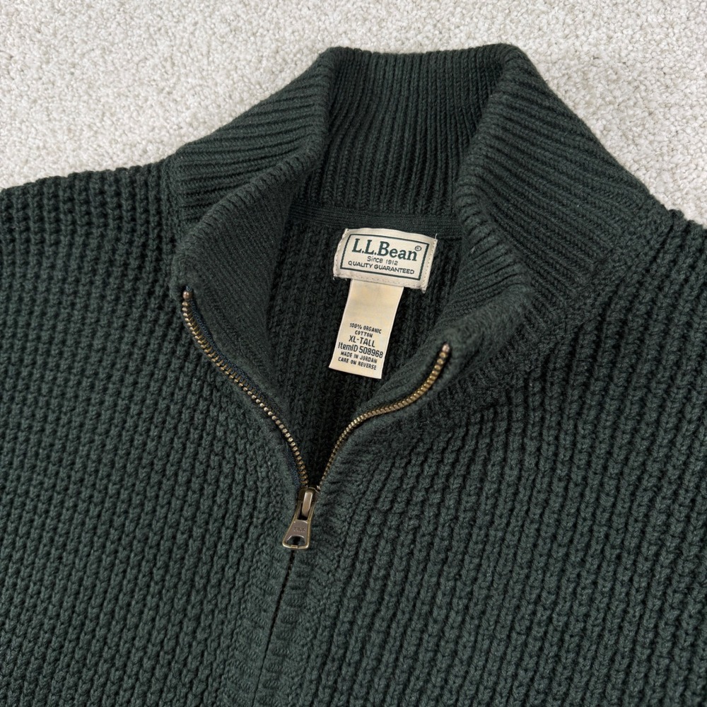L.L. Bean Full Zip Sweater Men XL-Tall Green Organic Cotton Waffle Knit HEAVY